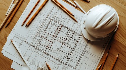A close-up of a flat lay featuring architectural blueprints, pencils scattered, and a white hard hat on the side, symbolizing the meticulous planning of a construction project.