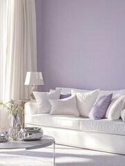 A living room with light purple walls, a white sofa, and silver accessories, creating a fresh and modern atmosphere