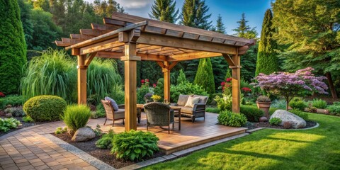 Obraz premium Serenity in backyard garden oasis with pergola canopy, wooden gazebo, and lush plant landscaping