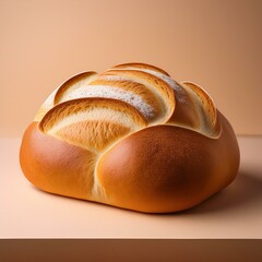 Freshly Baked Golden Brown Loaf of Bread on a Warm Beige Background