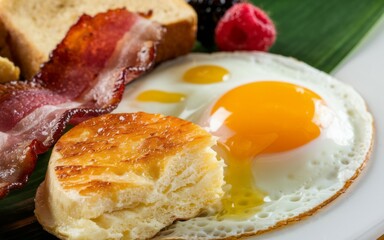 Fried egg with bacon & toast. Sunny-side up egg with crispy bacon and golden toast.  The perfect start to your day.