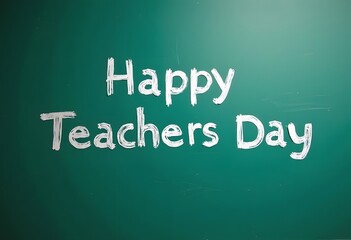 Fototapeta premium Drawn flowers and text HAPPY TEACHERS DAY on green chalkboard with notebooks in classroom 