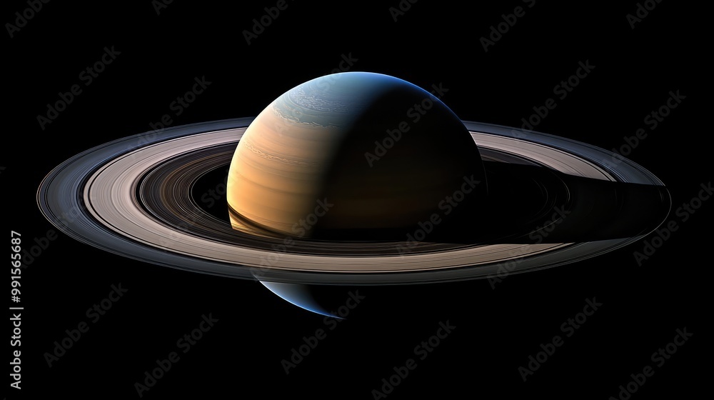 Poster planet with an atmospheric ring system viewed from space