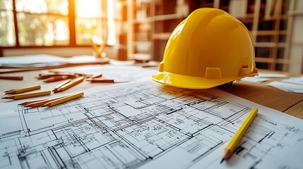 A close-up of an architect's desk showing a detailed blueprint, scattered pencils, and a bright yellow hard hat. The soft natural light from a window adds warmth and focus,