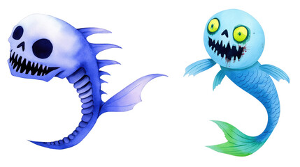 Fototapeta premium Watercolor Halloween Whimsical ghostly fish characters Transparent background