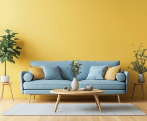 A living room with mustard yellow walls, a sky blue sofa, and a light wood coffee table