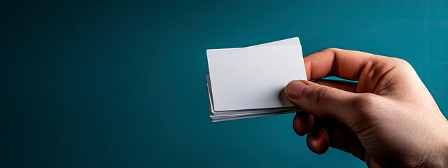 A stack of business cards being exchanged, detailed fingers holding the cards, soft office lighting