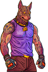 Swag print for t-shirt. Pumped up pit bull with a scurvy body covered with tattoos. Pitbull athlete, gangster with gold chain on his neck and tattoos with skulls. Professional Fighter. Cartoon style