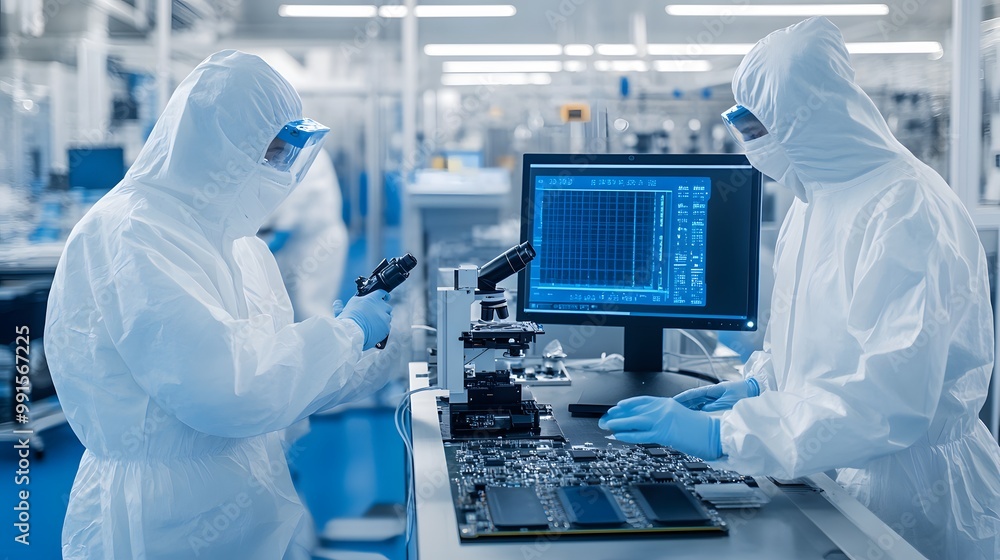 Aufkleber two technicians in cleanroom suits examining microchip with microscope