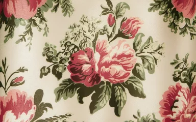 Fotobehang Floral pattern fabric. Vintage floral fabric with a delicate and beautiful pattern of pink roses. The flowers are surrounded by lush green leaves. © Lull