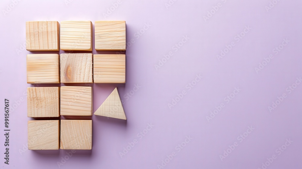 Poster wooden blocks and triangular shapes arranged to form a pie chart on a purple background. represents 
