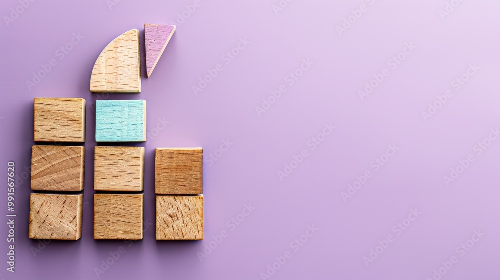 Poster wooden blocks with circular patterns arranged in grid on blue background, with arrows indicating upw