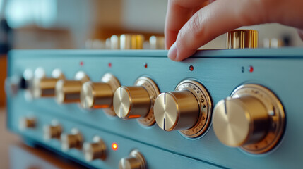 A close up of a person's hand on the knobs and buttons, AI