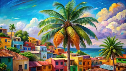 Fototapeta premium Vibrant painting of a tropical town with a colorful palm tree in the foreground , Town, palm tree, vibrant, painting, colorful