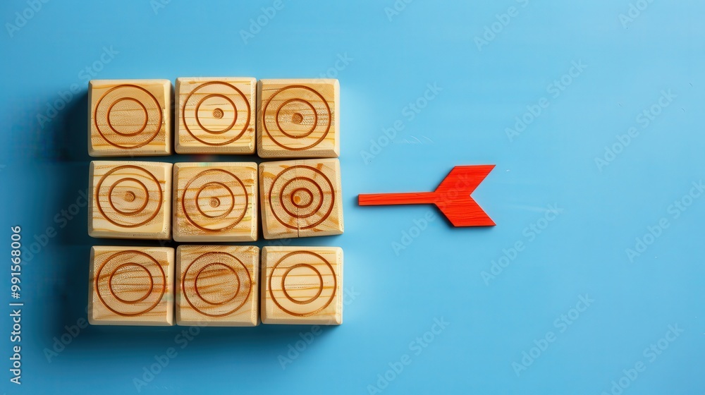 Poster wooden blocks with target symbols arranged in a grid and a red arrow on a blue background. represent