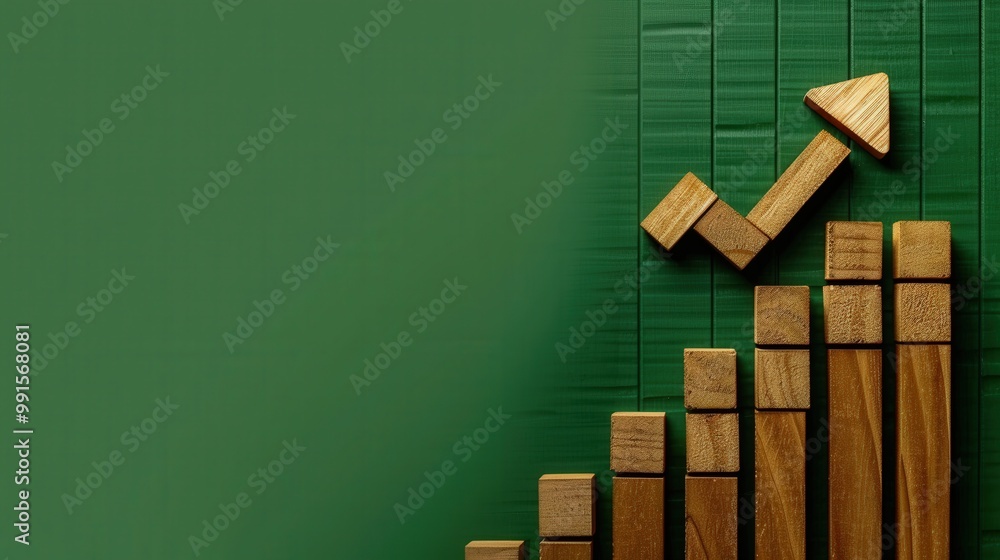 Poster wooden blocks forming a bar chart with an arrow pointing upward, symbolizing growth and progress. gr