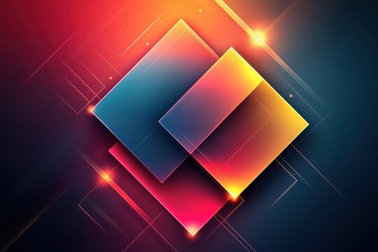Abstract geometric background with vibrant gradients of red, yellow, and blue featuring overlapping rectangular shapes with glowing effects