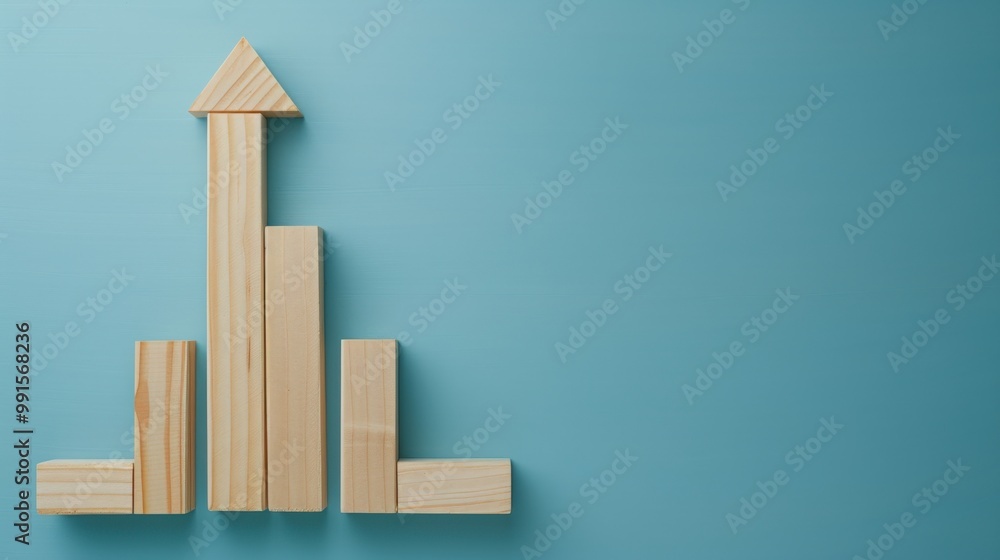 Poster wooden blocks forming a staircase-like bar chart with an arrow at the top pointing upward. positione