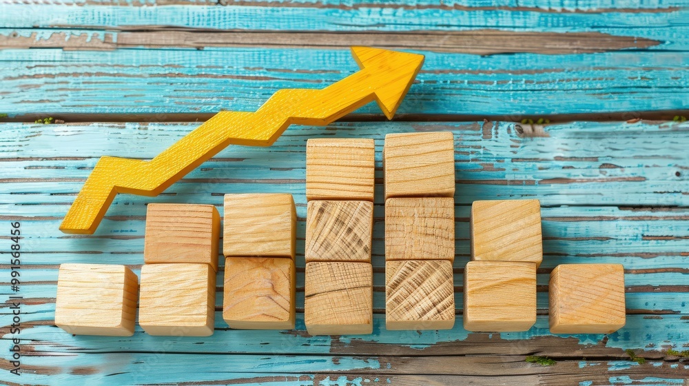 Poster yellow arrow and wooden blocks arranged in a bar chart pattern on a distressed blue wooden surface. 