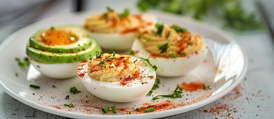 Stuffed eggs with avocado and spices on a white plate