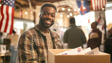 A cheerful man casts his vote in a lively polling location, surrounded by flags and fellow citizens engaged in the democratic process