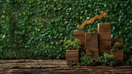 Wooden blocks stacked on a rustic wooden surface with small green plants. composition organic growth and environmental sustainability, rising arrow indicating progress in eco-friendly business setting