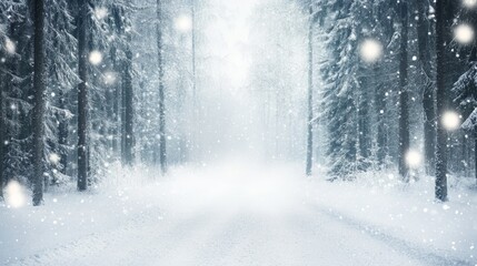 Fototapeta premium A serene winter landscape showcasing a snow-covered road surrounded by tall trees, evoking tranquility and natural beauty.