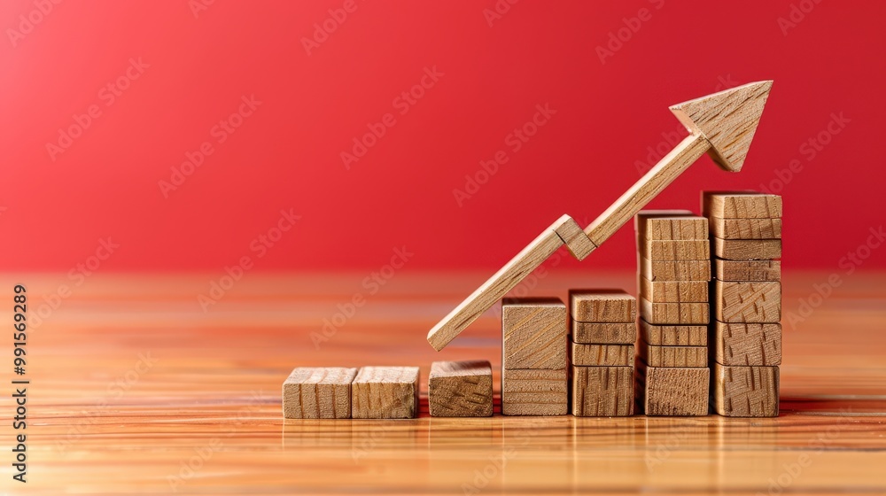 Poster wooden blocks arranged in an ascending bar chart with arrow pointing upward. conceptual image repres
