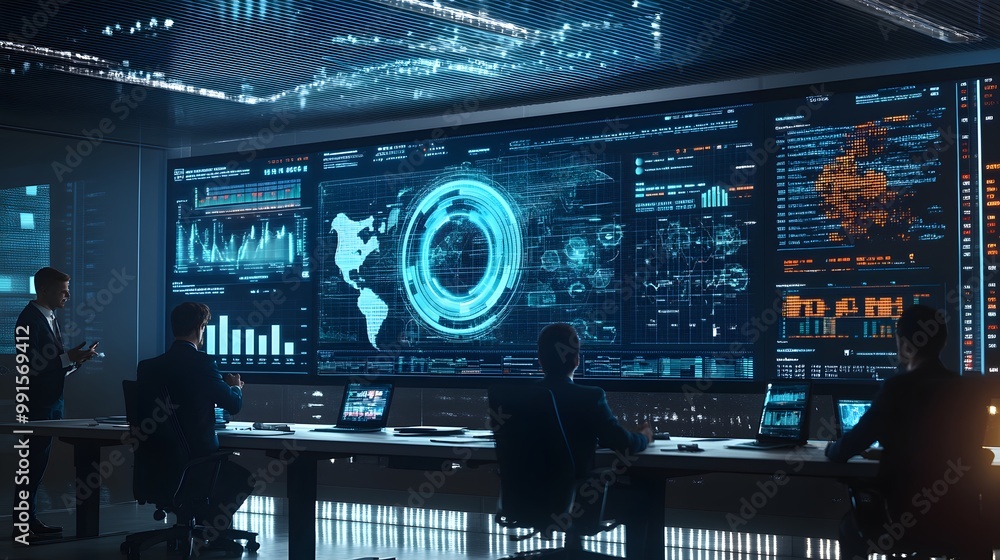 Poster a group of people working in a control room with multiple screens showing digital information and da