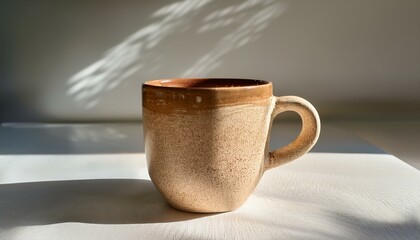 A dappled tan pottery mug lies on a bright surface, gracefully lit by natural daylight. The interplay of shadows highlights its delightful texture and serene ambiance