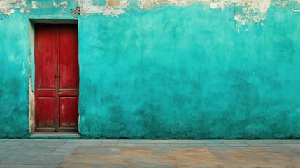 A striking contrast of an aged red door set in a turquoise weathered wall, showcasing urban rustic architecture and vibrant colors, depicting uniqueness, history, and artistic vibrancy.