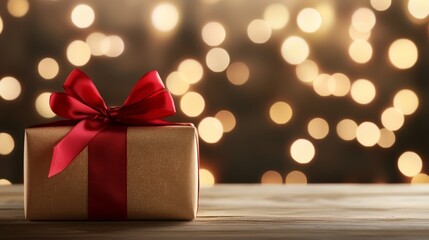 Beautifully wrapped gift box with a red ribbon, set against a dreamy bokeh background, perfect for festive celebrations.