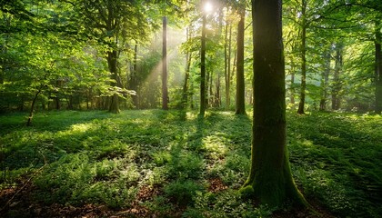 Obraz premium A lush and lively woodland where beams of sunlight filter through the dense canopy of green leaves