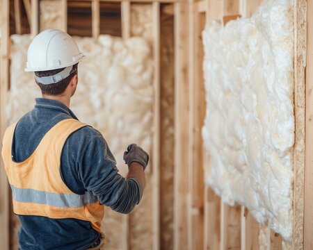 Workers installing insulation in the walls of a partially built house, House Under Construction, Insulation installation