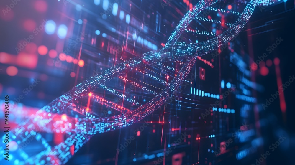 Poster digital dna structure with binary code and glowing lights