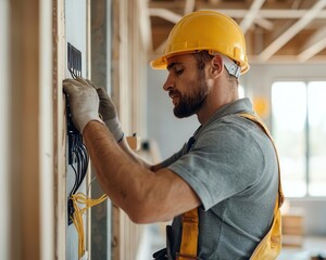 Construction workers installing electrical wiring in a half-finished house, House Under Construction, Electrical installation
