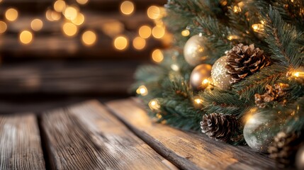 Festive Christmas tree adorned with ornaments and pinecones, shimmering lights creating a warm holiday atmosphere.