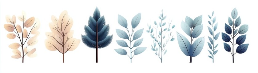 Fototapeta premium Stylish collection of various leaf illustrations in soothing colors, perfect for nature themes and artistic designs.