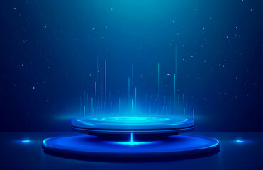 Abstract futuristic tech background with glowing holograms and a blue circular podium for product display.