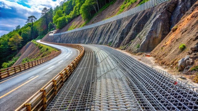 Reinforced metal mesh for slope stabilization and road safety engineering project