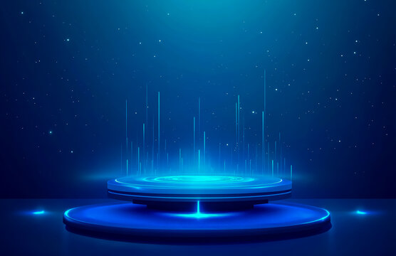 Abstract futuristic tech background with glowing holograms and a blue circular podium for product display.
