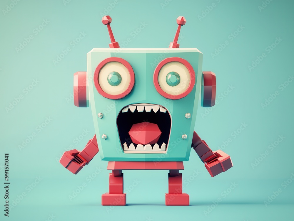 Poster Low Poly Robot with Big Mouth Open.