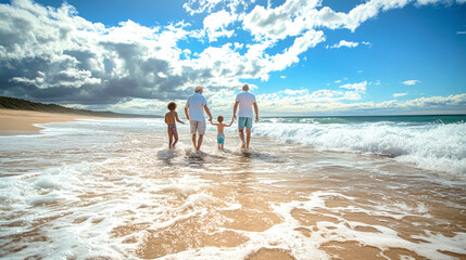 Under a bright sky, a multi-generational Australian family strolls along the sandy beach, splashing in the gentle waves while sharing moments of joy