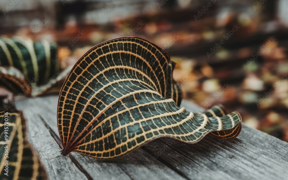 Poster leaf pattern texture. close-up view of a patterned leaf on a wooden surface, showcasing intricate de