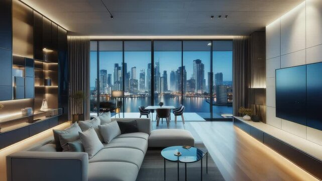Sleek, modern living room, open floor plan, minimalist furniture, views of city at night interio