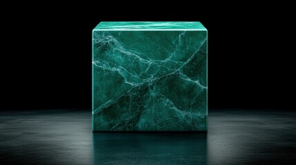 Green Marble Cube on Black Background