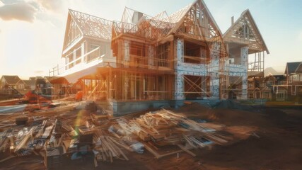 Real estate Under construction suburban home with the framework exposed, piles of building materials scattered around