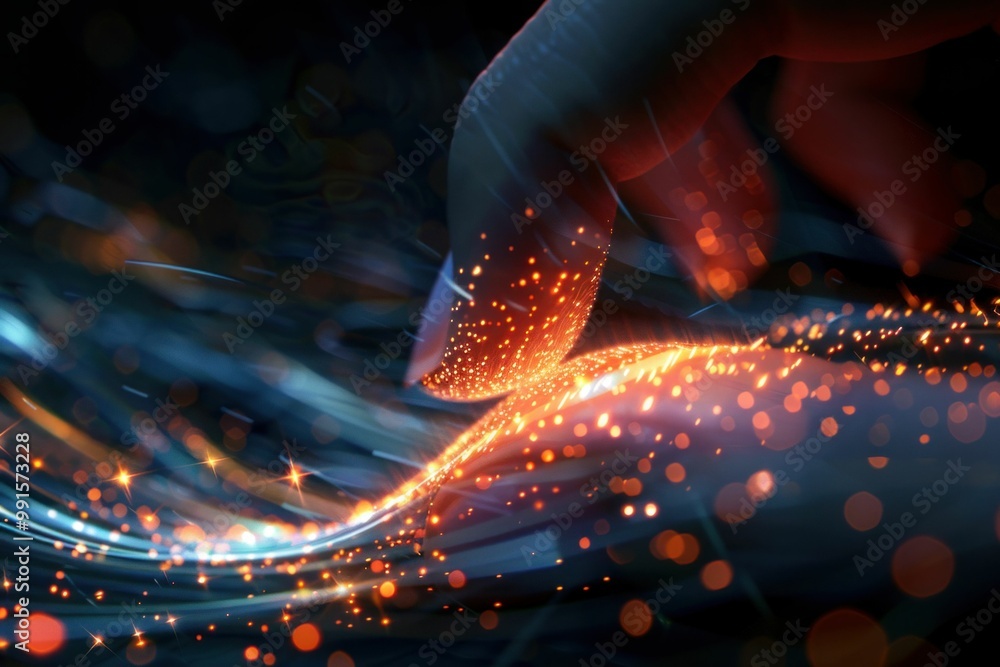 Poster a close up of a fingertip touching a glowing wave of particles in dark background, creating a magica