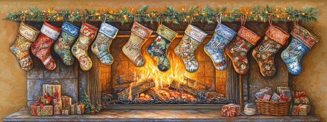 Christmas stockings hanging by the fireplace, names embroidered on each, soft orange glow from the fire
