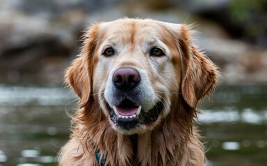 Obraz premium Golden retriever portrait. Close-up portrait of a golden retriever dog, showcasing its friendly and affectionate nature. The dog's eyes are bright, and its expression is relaxed and happy.